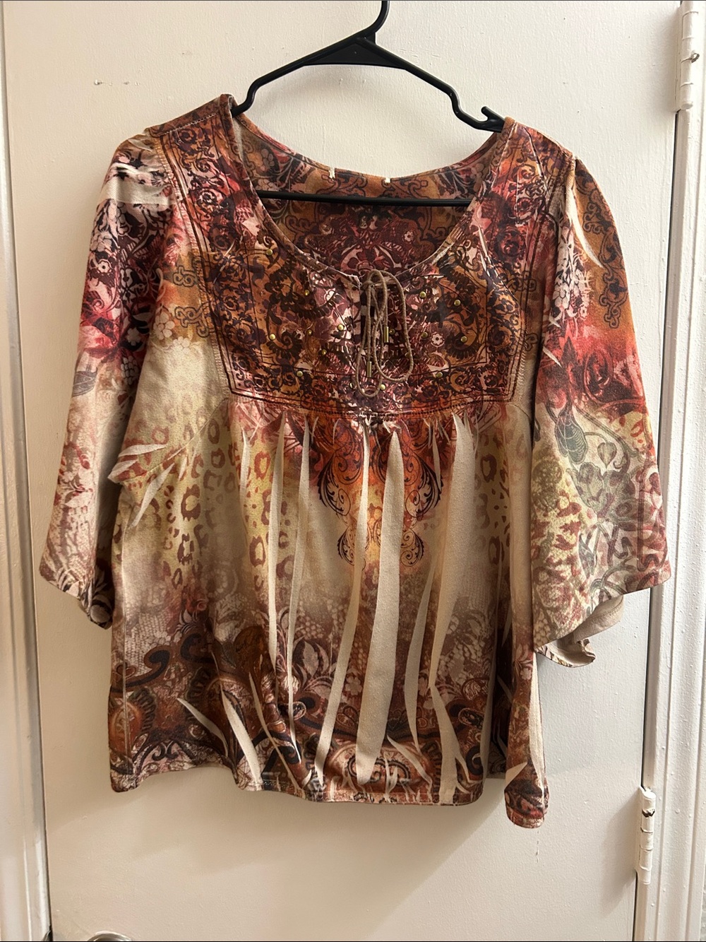 Boho Mixed Pattern Tie-Front Flowy Top